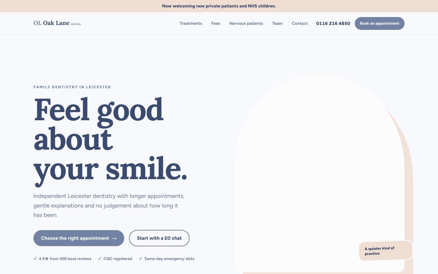 Oak Lane Dental website homepage